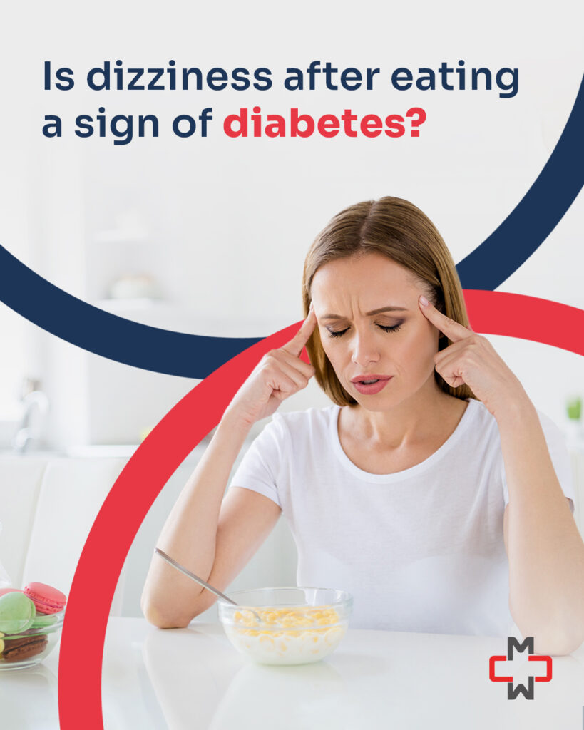 A woman holding her temples, feeling dizzy while sitting at a table with a bowl of yogurt, with the text "Is dizziness after eating a sign of diabetes?" above her